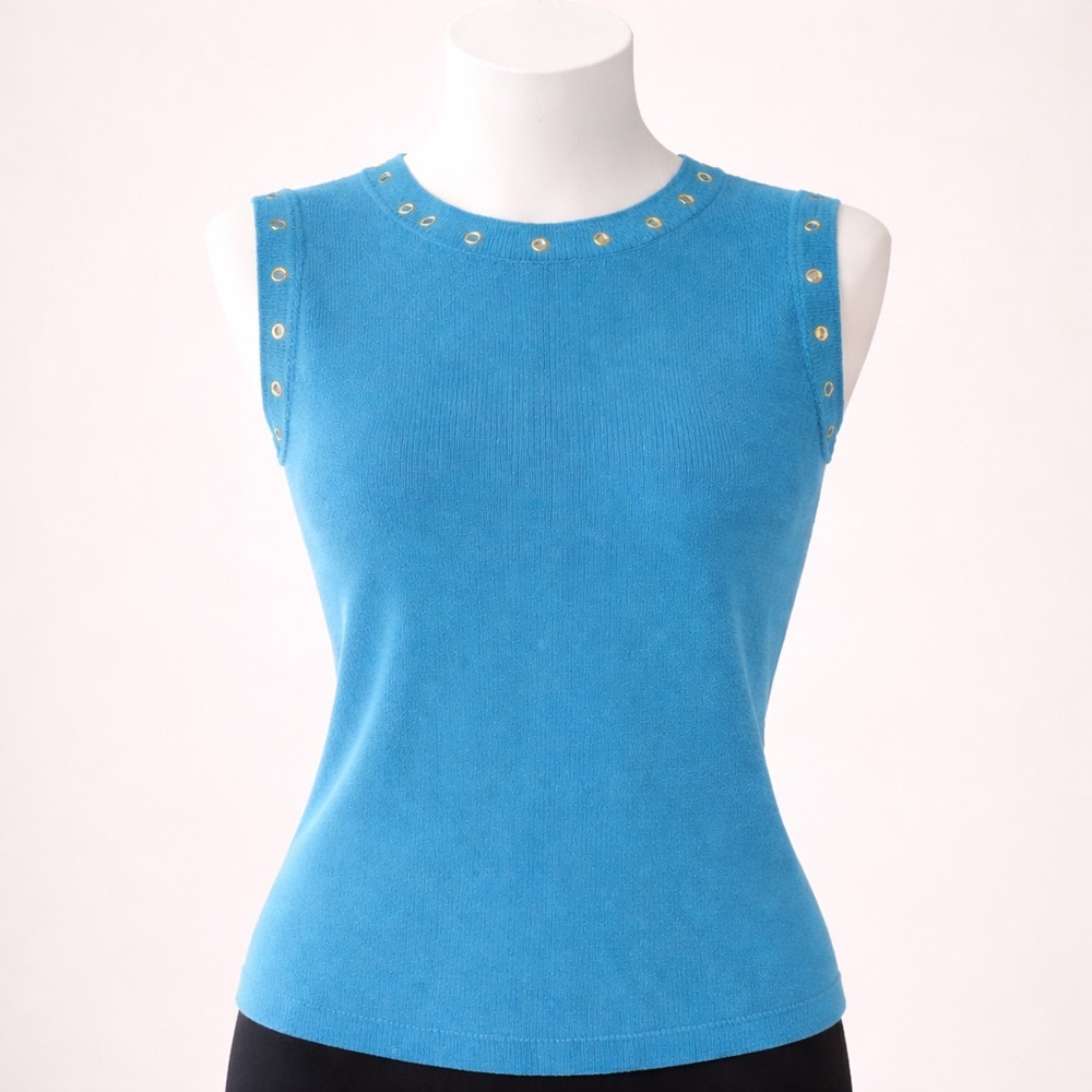 St. John Sport Teal Wool Knit Shell Grommet Shoulder Top S